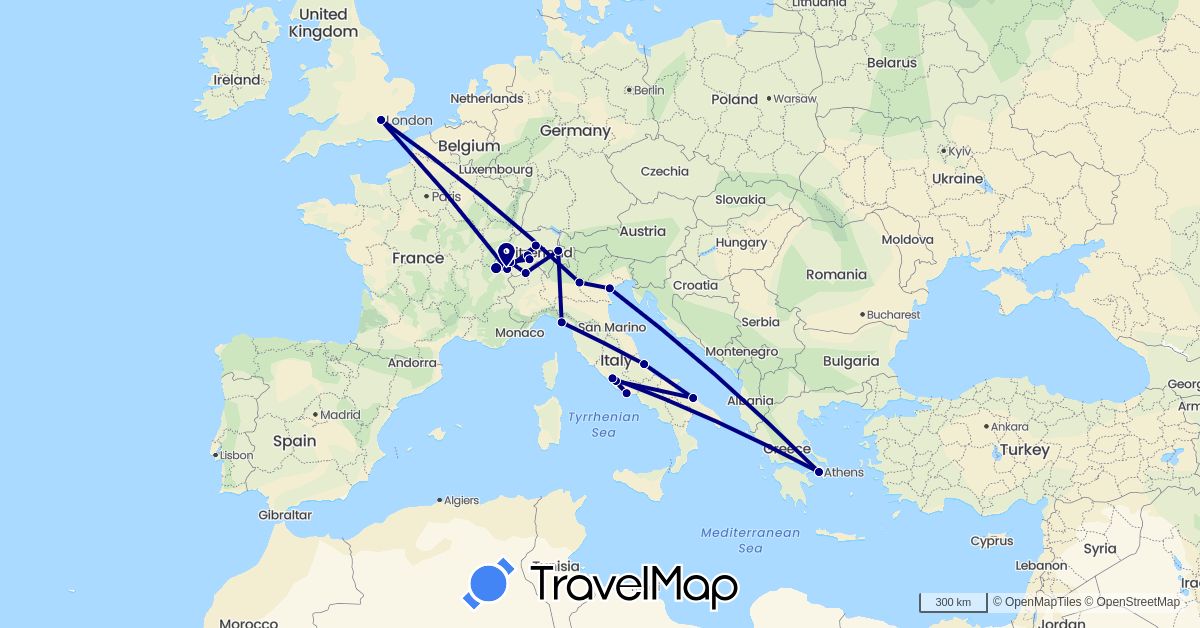 TravelMap itinerary: driving in Switzerland, France, United Kingdom, Greece, Italy (Europe)